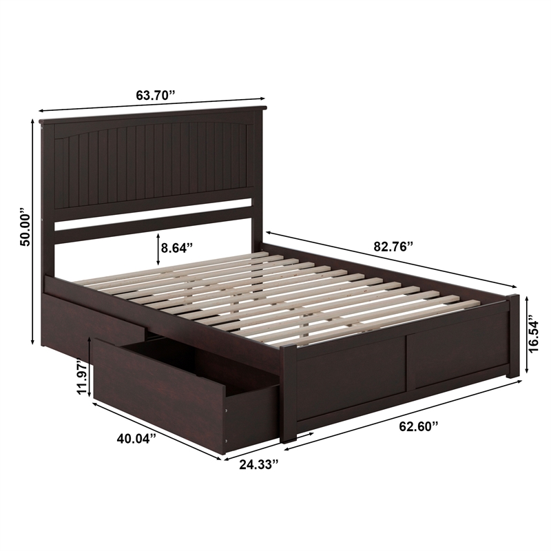 Nantucket Queen Wood Platform Bed with Footboard and Storage Drawers in Espresso