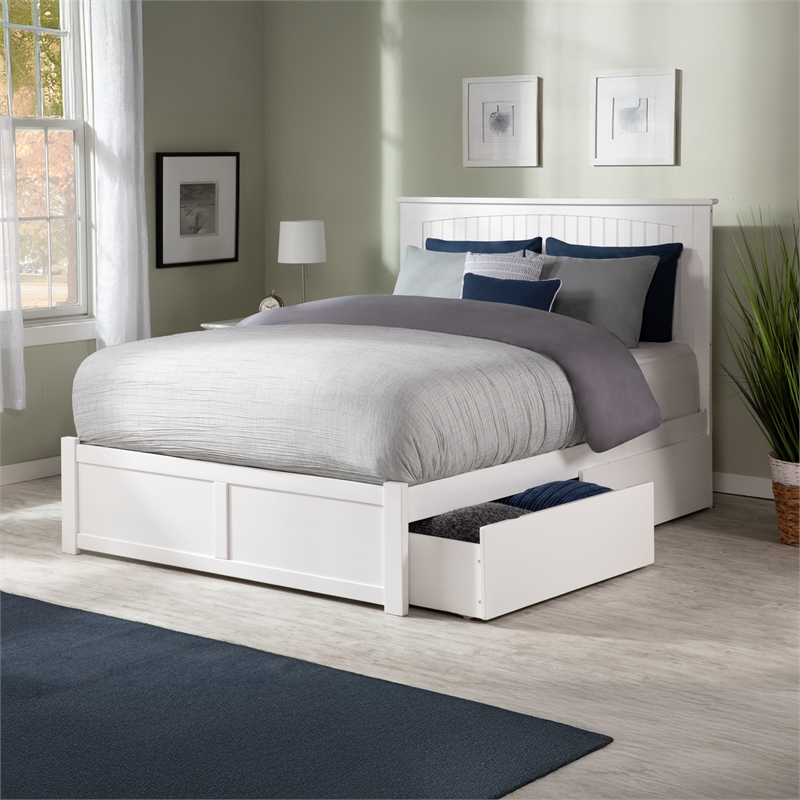 Nantucket Queen Wood Platform Bed with Footboard and Storage Drawers in White