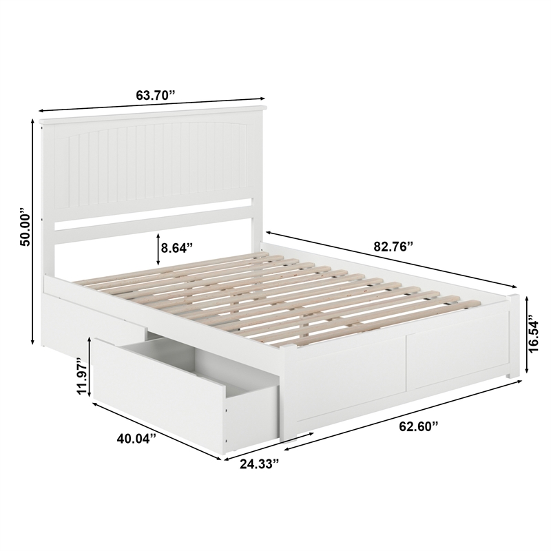Nantucket Queen Wood Platform Bed with Footboard and Storage Drawers in White