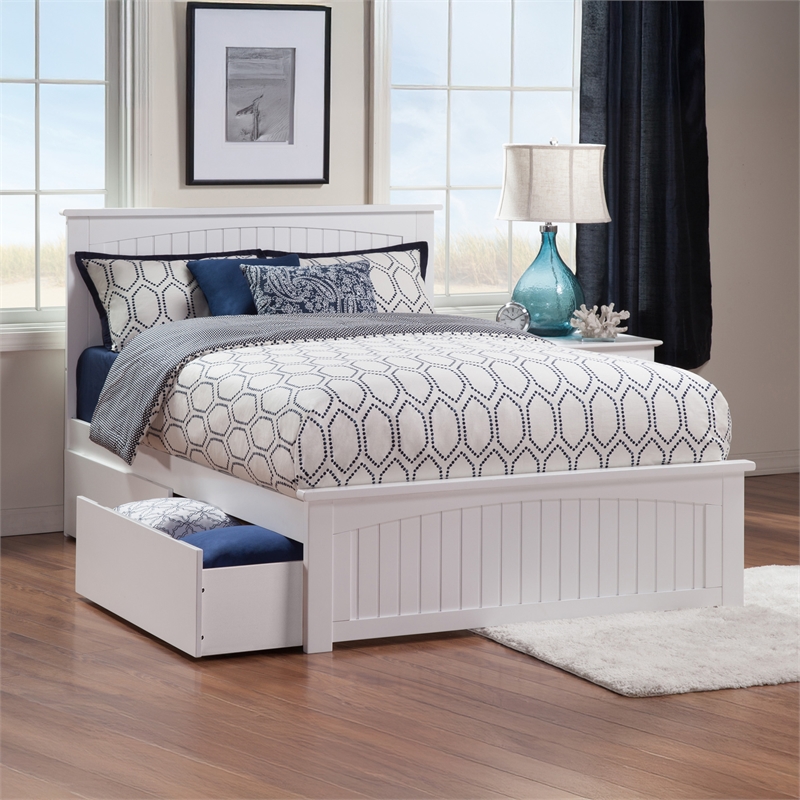 Nantucket Queen Wood Platform Bed with Matching Footboard and Drawers in White