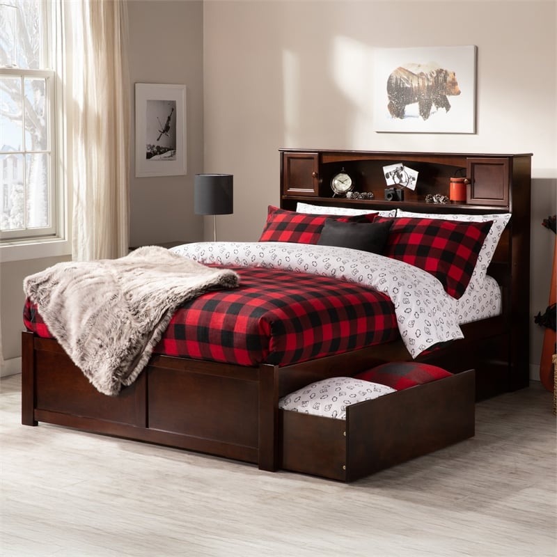 AFI Newport Full Solid Wood Bed with Storage Drawers in Walnut