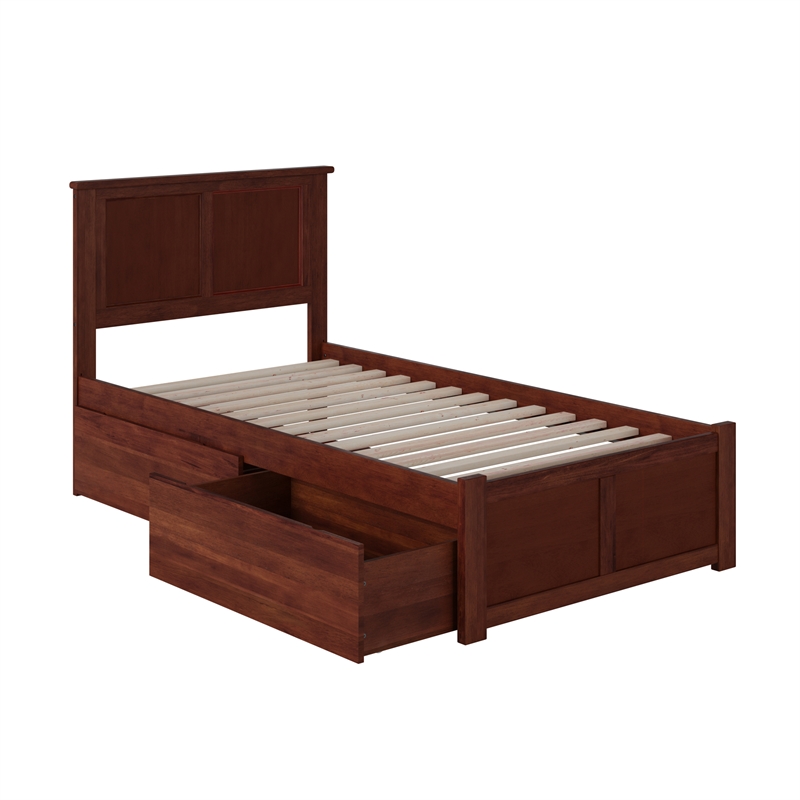 Madison Twin XL Wood Platform Bed with Footboard and Storage Drawers in Walnut