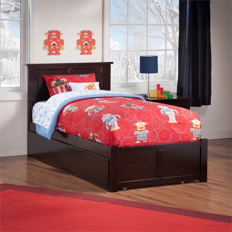 Madison Twin Wood Platform Bed with Footboard and Twin Trundle in Espresso