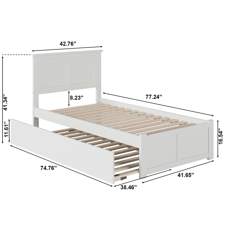 Madison Twin Wood Platform Bed with Footboard and Twin Trundle in White