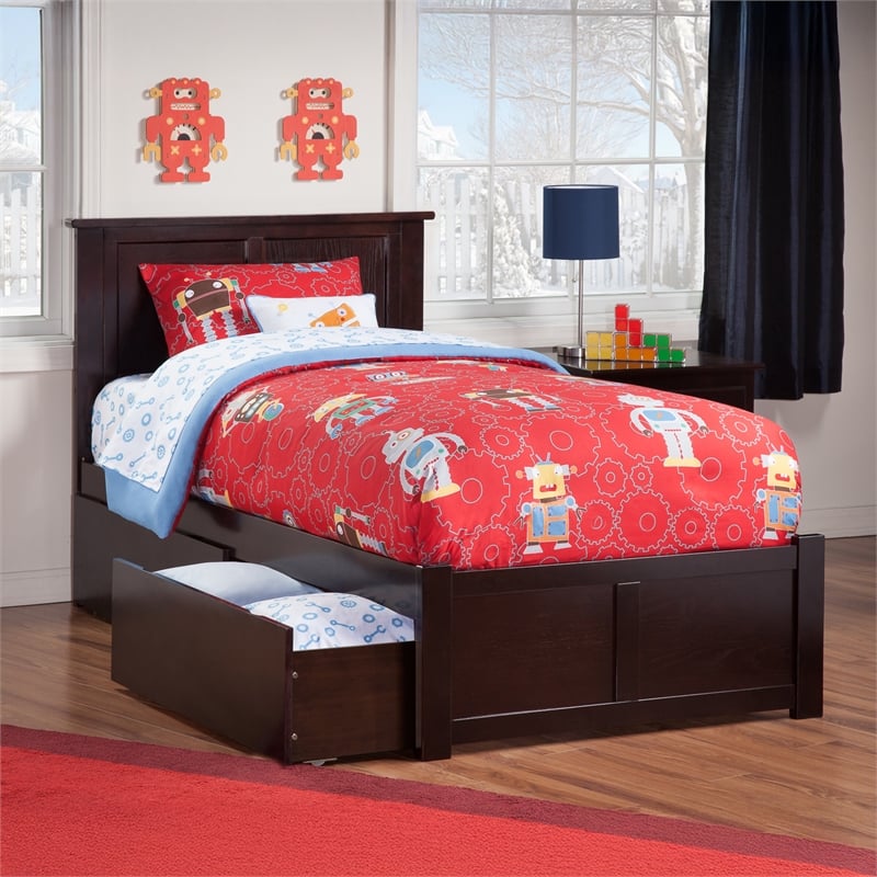 Madison Twin Wood Platform Bed with Footboard & Storage Drawers in Espresso
