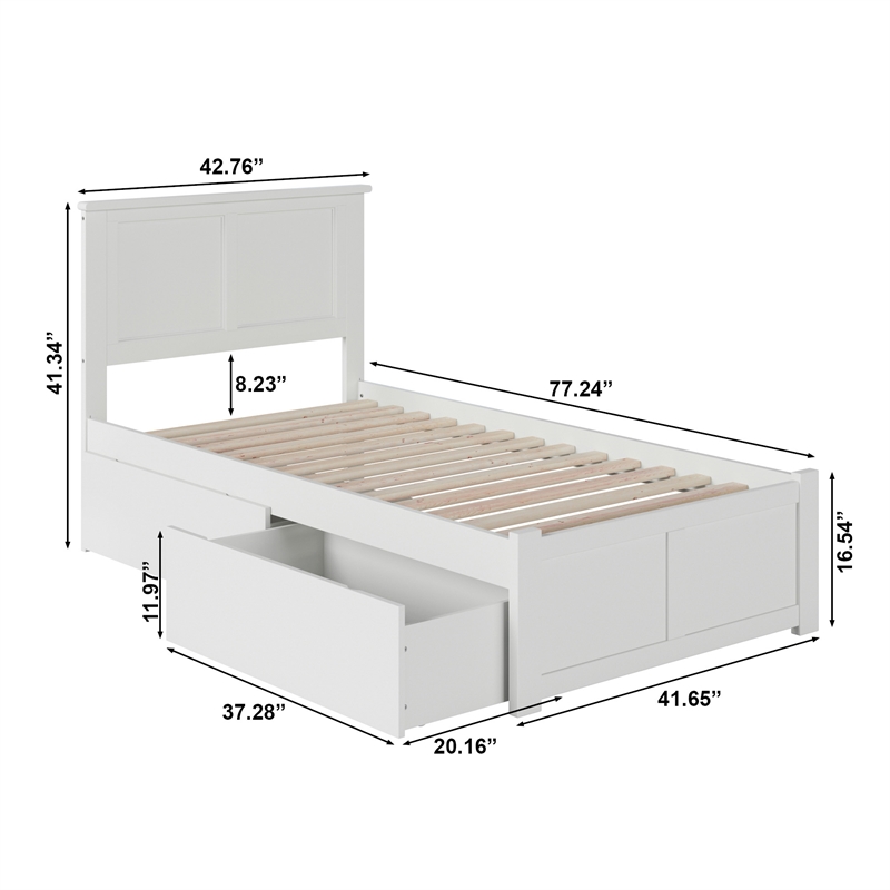 AFI Madison Twin Solid Wood Platform Bed with Storage Drawers in White