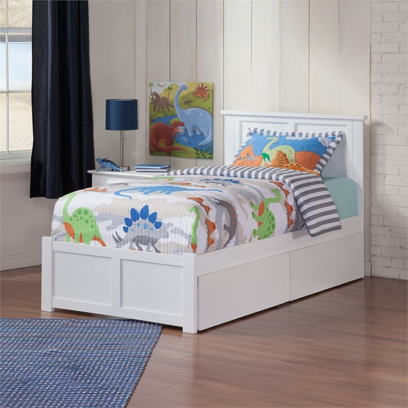 Madison Twin Wood Platform Bed with Footboard & Storage Drawers in White