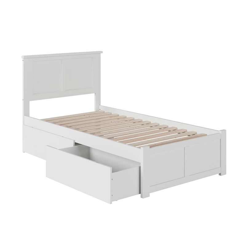 Madison Twin Wood Platform Bed with Footboard & Storage Drawers in White