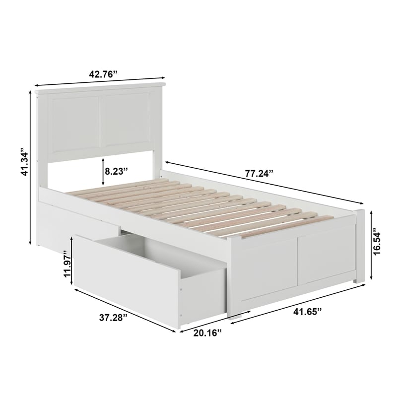 Madison Twin Wood Platform Bed with Footboard & Storage Drawers in White