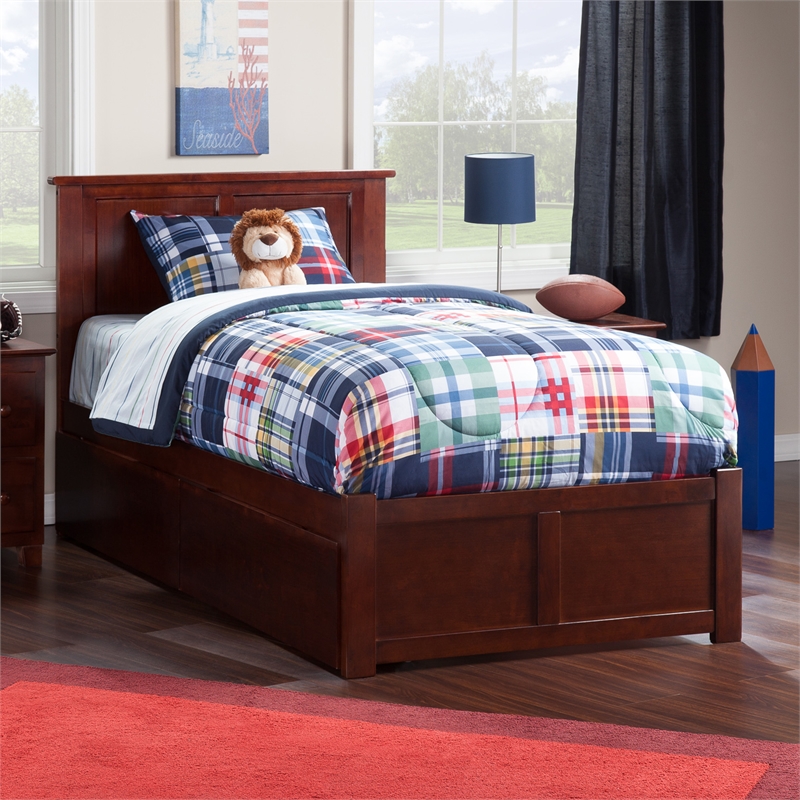 Madison Twin Wood Platform Bed with Footboard & Storage Drawers in Walnut