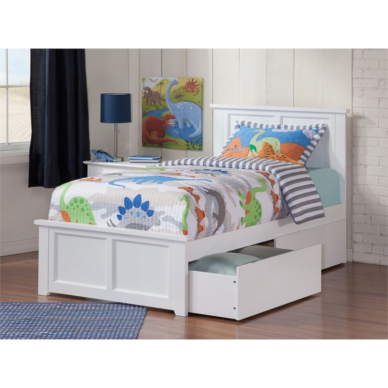 Madison Twin Platform Bed with Matching Footboard and Storage Drawers in White