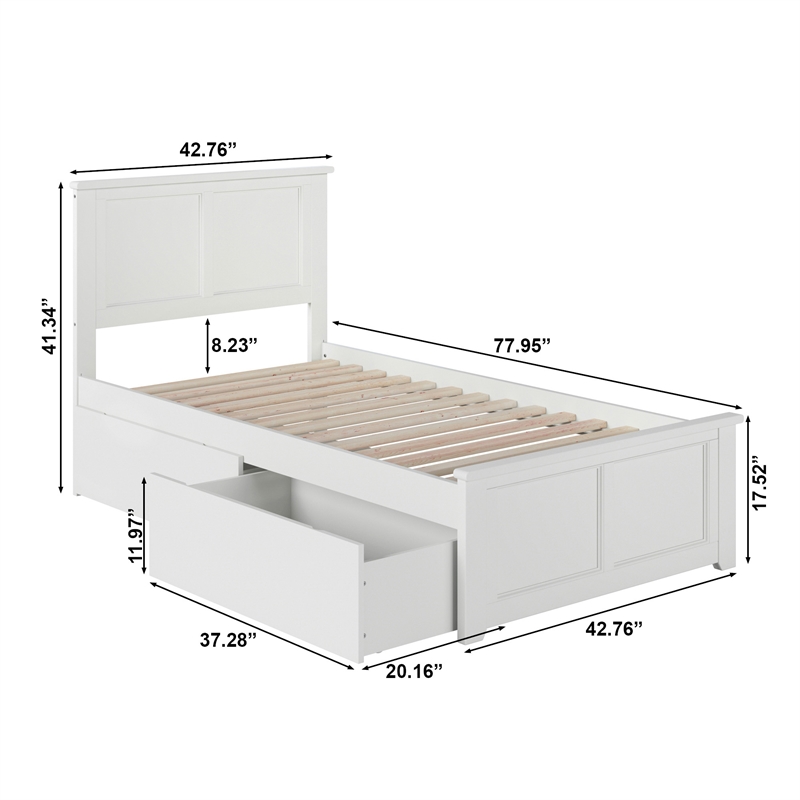 Madison Twin Platform Bed with Matching Footboard and Storage Drawers in White