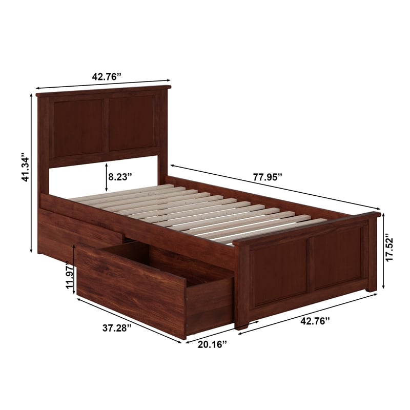 Madison Twin Platform Bed with Matching Footboard and Storage Drawers in Walnut