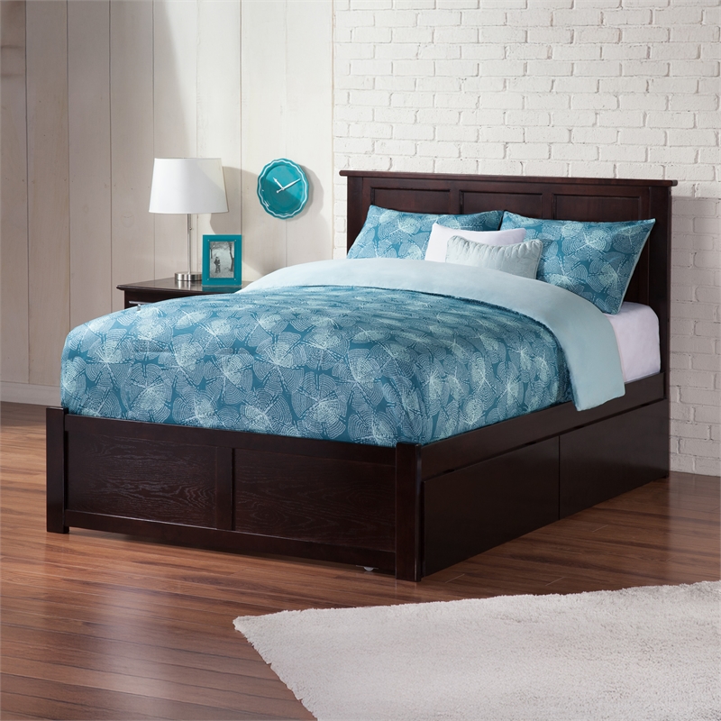 Madison Full Wood Platform Bed with Footboard and Storage Drawers in Espresso