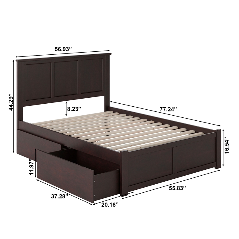 Madison Full Wood Platform Bed with Footboard and Storage Drawers in Espresso