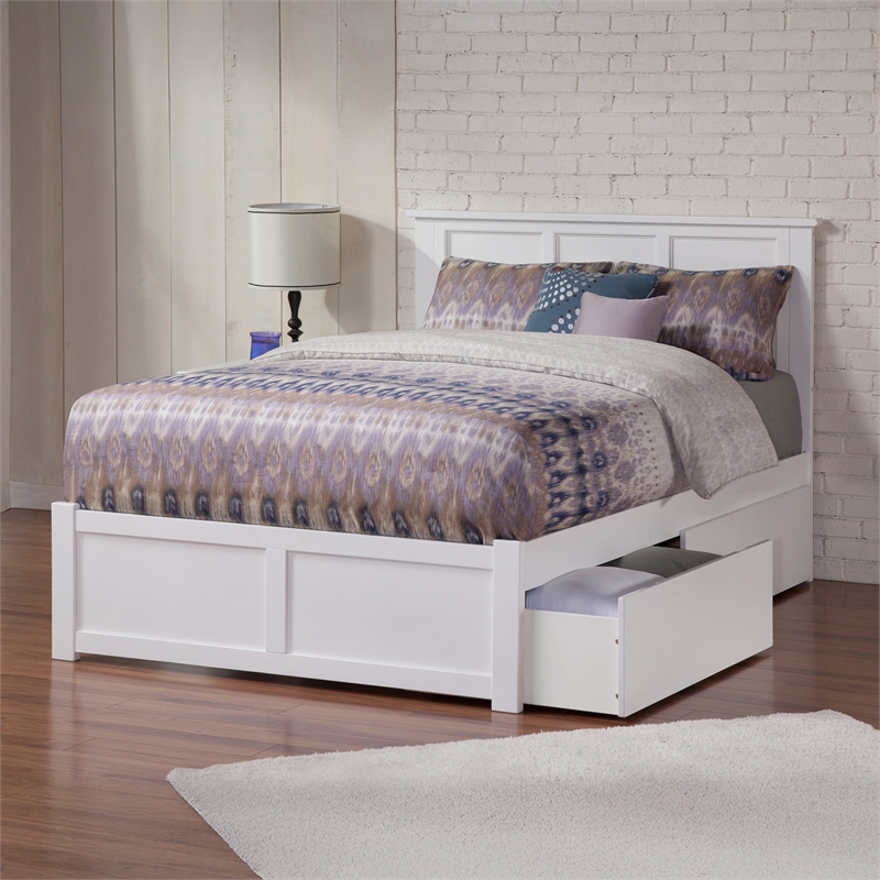 Madison Full Wood Platform Bed with Footboard and Storage Drawers in White