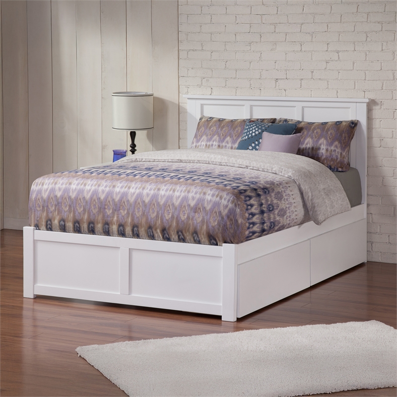 Madison Full Wood Platform Bed with Footboard and Storage Drawers in White
