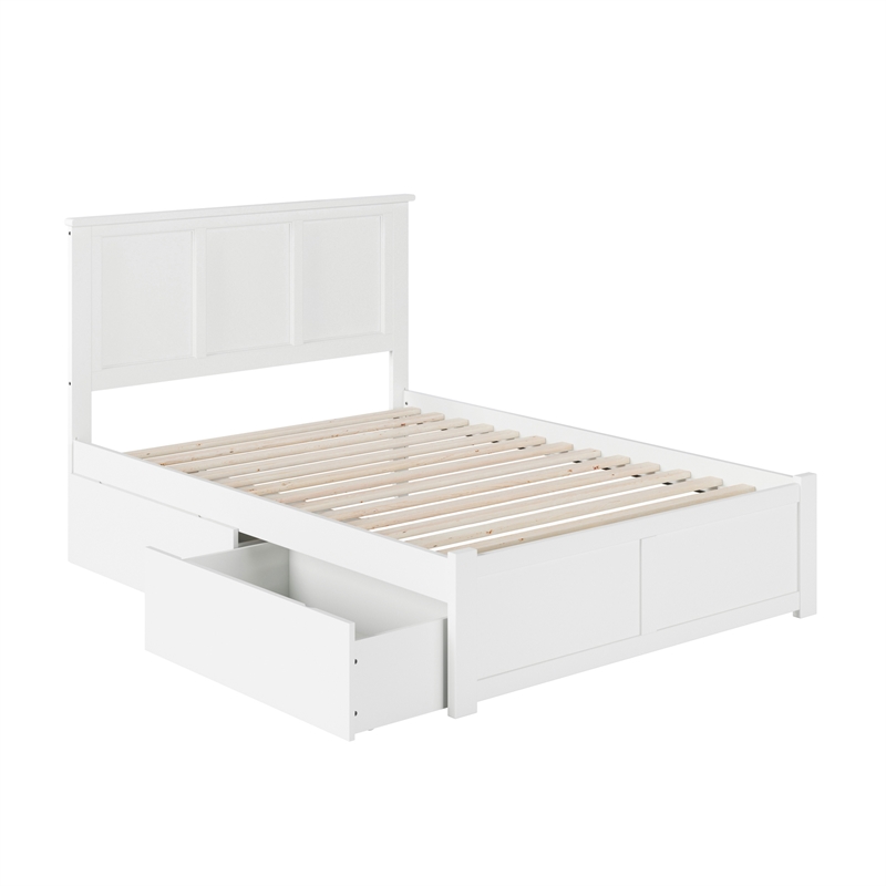 Madison Full Wood Platform Bed with Footboard and Storage Drawers in White