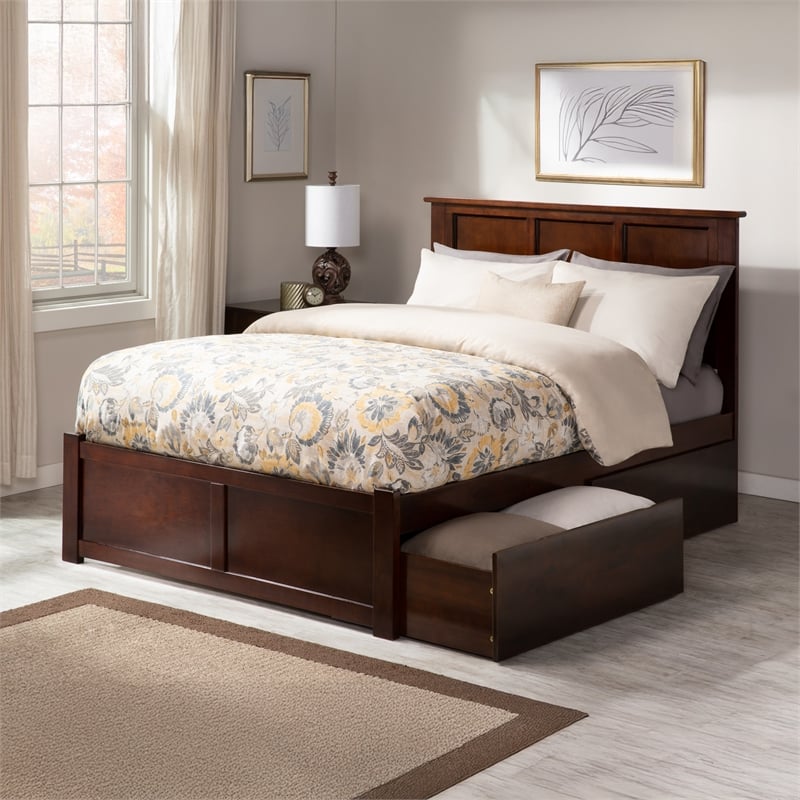 Madison Full Wood Platform Bed with Footboard and Storage Drawers in Walnut