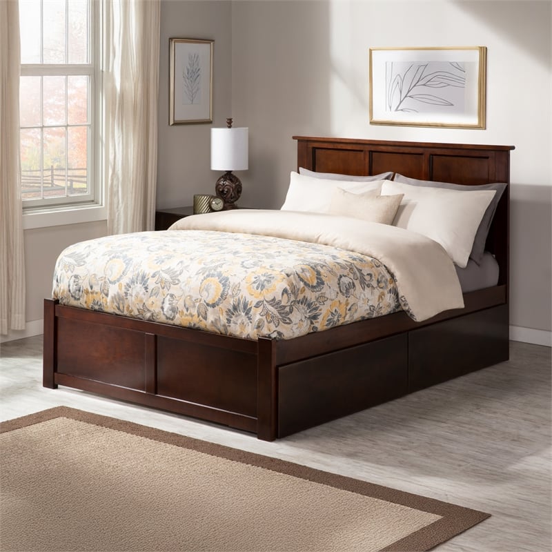 Madison Full Wood Platform Bed with Footboard and Storage Drawers in Walnut