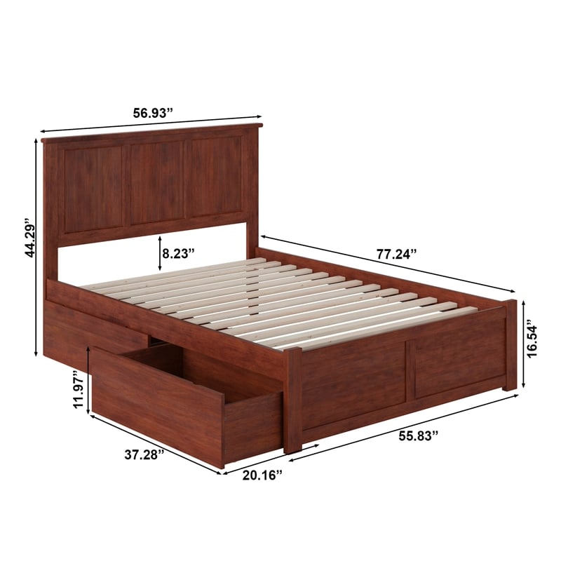 Madison Full Wood Platform Bed with Footboard and Storage Drawers in Walnut
