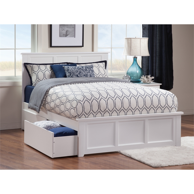 Madison Full Platform Bed with Matching Footboard and Storage Drawers in White