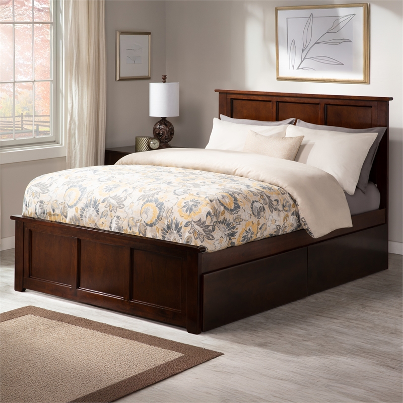 Madison Full Platform Bed with Matching Footboard and Storage Drawers in Walnut