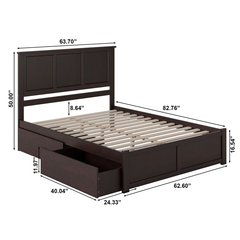 Madison Queen Wood Platform Bed with Footboard and Storage Drawers in Espresso