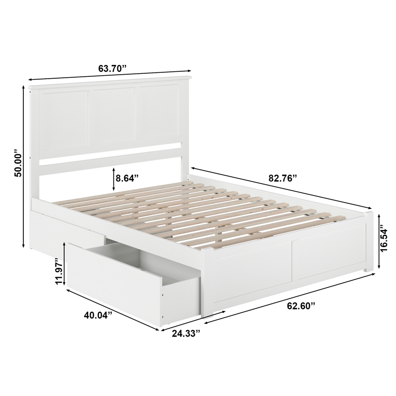 Madison Queen Wood Platform Bed with Footboard and Storage Drawers in White