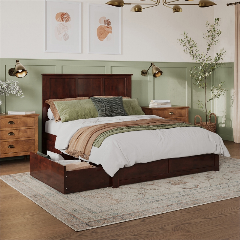 Madison Queen Wood Platform Bed with Footboard and Storage Drawers in Walnut