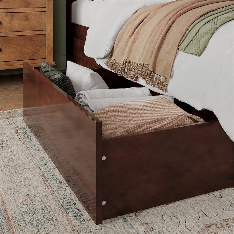 Madison Queen Wood Platform Bed with Footboard and Storage Drawers in Walnut