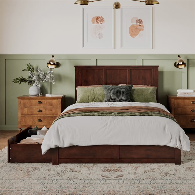 Madison Queen Wood Platform Bed with Footboard and Storage Drawers in Walnut