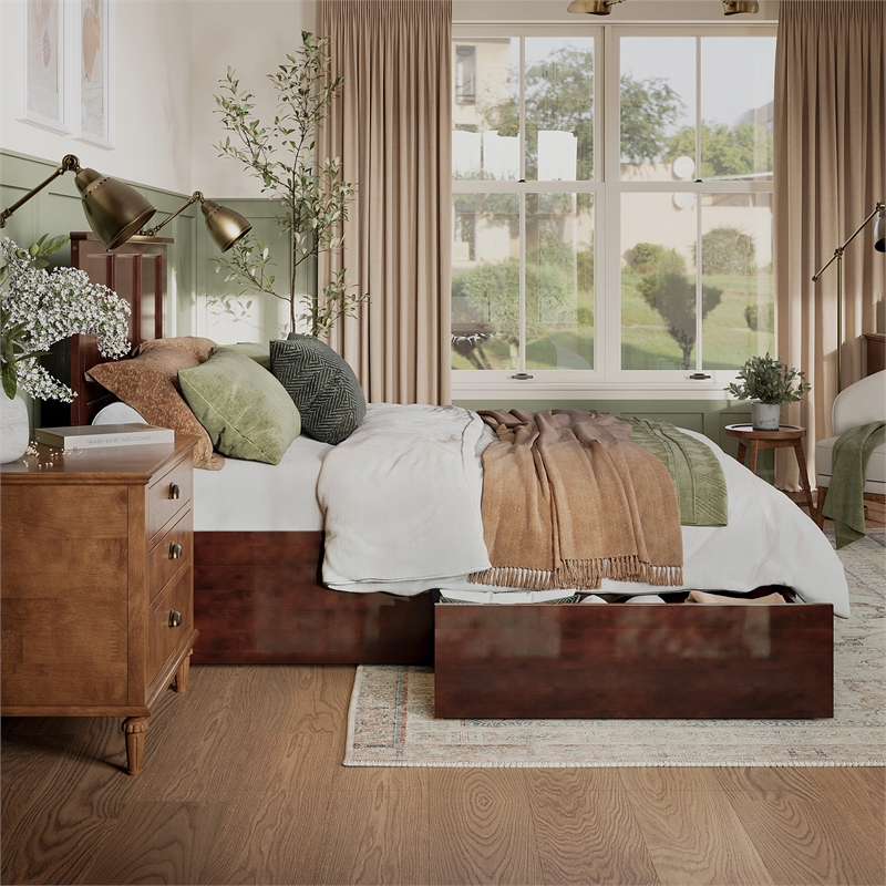 Madison Queen Wood Platform Bed with Footboard and Storage Drawers in Walnut
