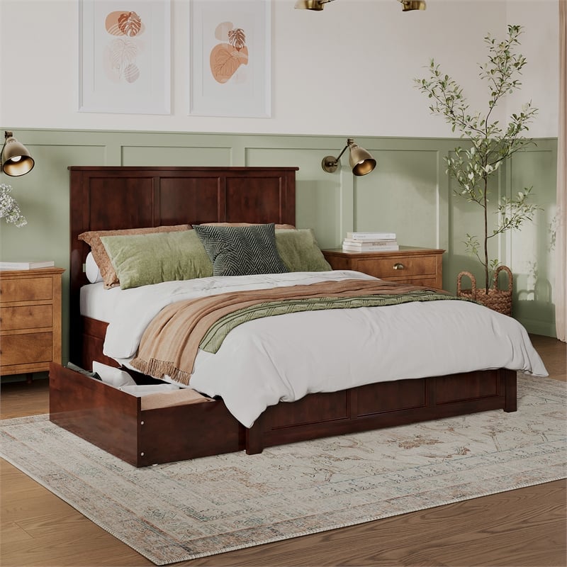 Madison Queen Platform Bed with Matching Footboard & Storage Drawers in Walnut