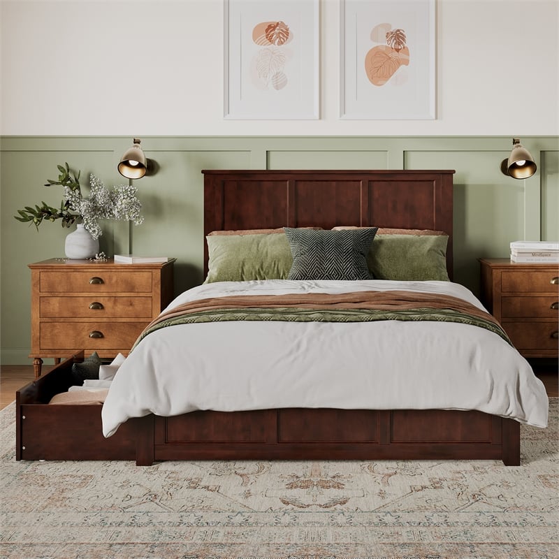 Madison Queen Platform Bed with Matching Footboard & Storage Drawers in Walnut