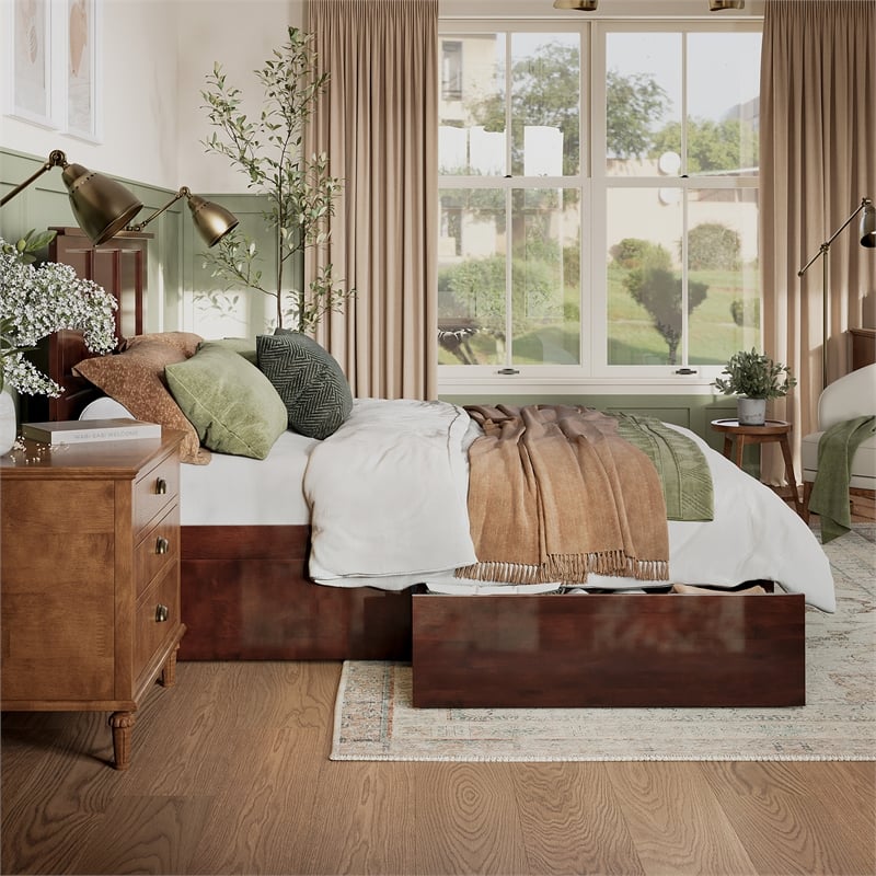 Madison Queen Platform Bed with Matching Footboard & Storage Drawers in Walnut