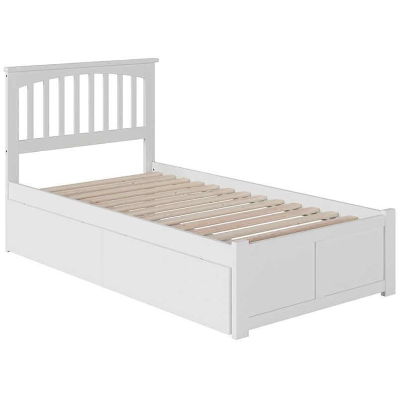 Mission Twin XL Wood Platform Bed with Footboard and Storage Drawers in White