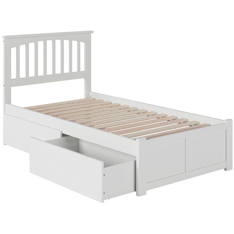 Mission Twin XL Wood Platform Bed with Footboard and Storage Drawers in White