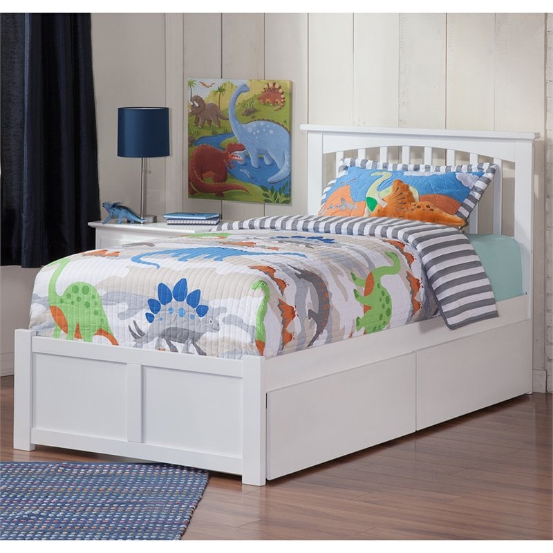 Mission Twin XL Wood Platform Bed with Footboard and Storage Drawers in White