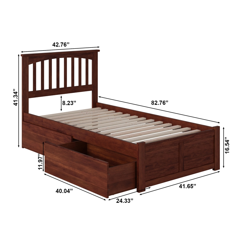 Mission Twin XL Wood Platform Bed with Footboard and Storage Drawers in Walnut