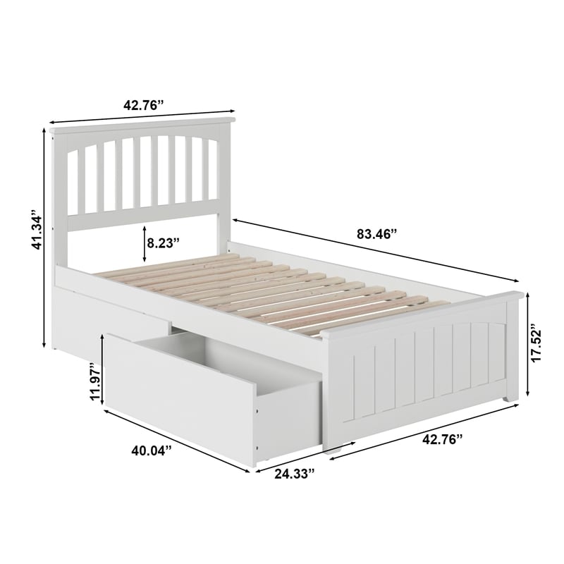 Mission Twin XL Platform Bed with Matching Footboard & Storage Drawers in White