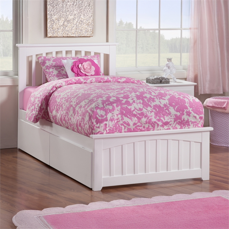 Mission Twin XL Platform Bed with Matching Footboard & Storage Drawers in White