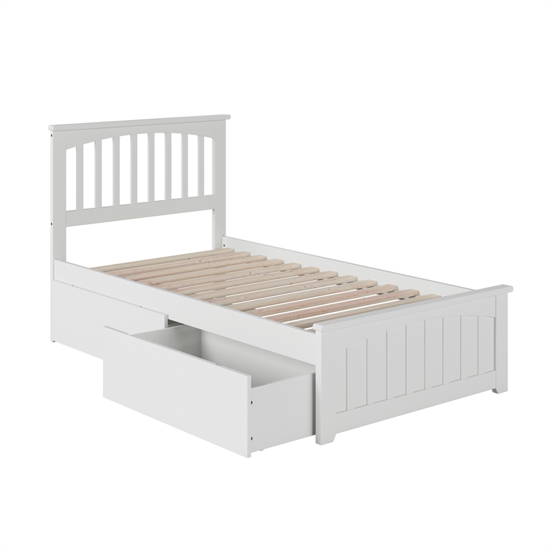 Mission Twin XL Platform Bed with Matching Footboard & Storage Drawers in White