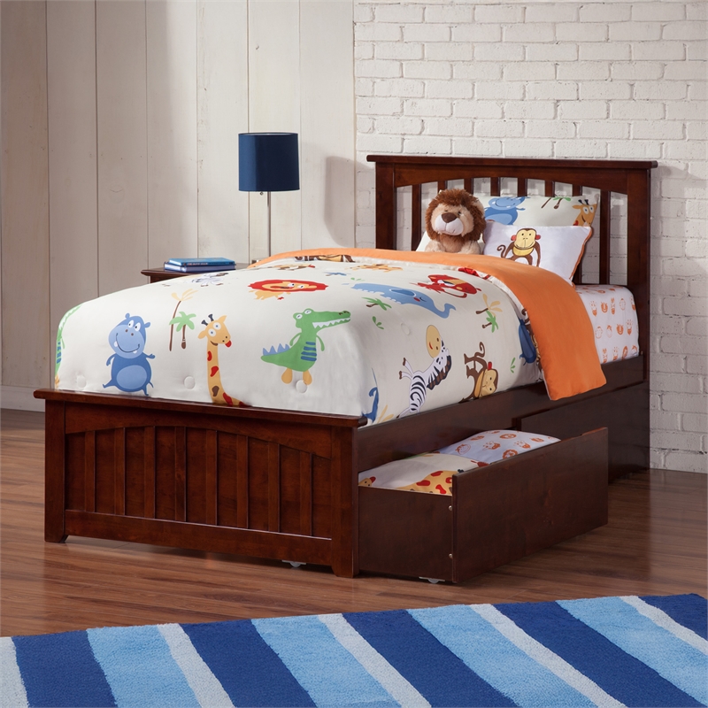 Mission Twin XL Platform Bed with Matching Footboard & Storage Drawers in Walnut