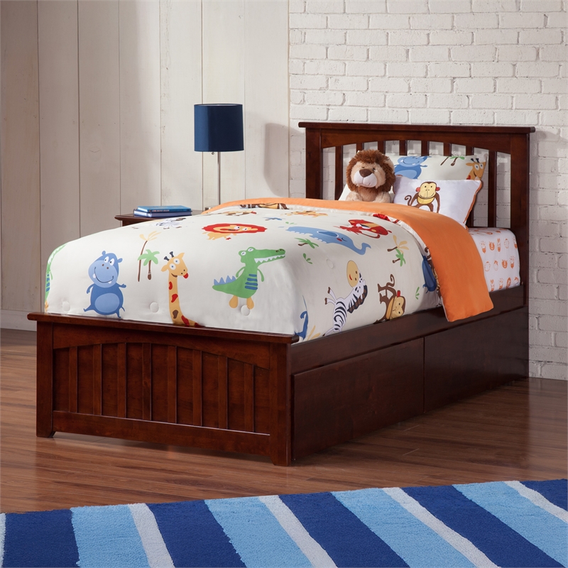 Mission Twin XL Platform Bed with Matching Footboard & Storage Drawers in Walnut