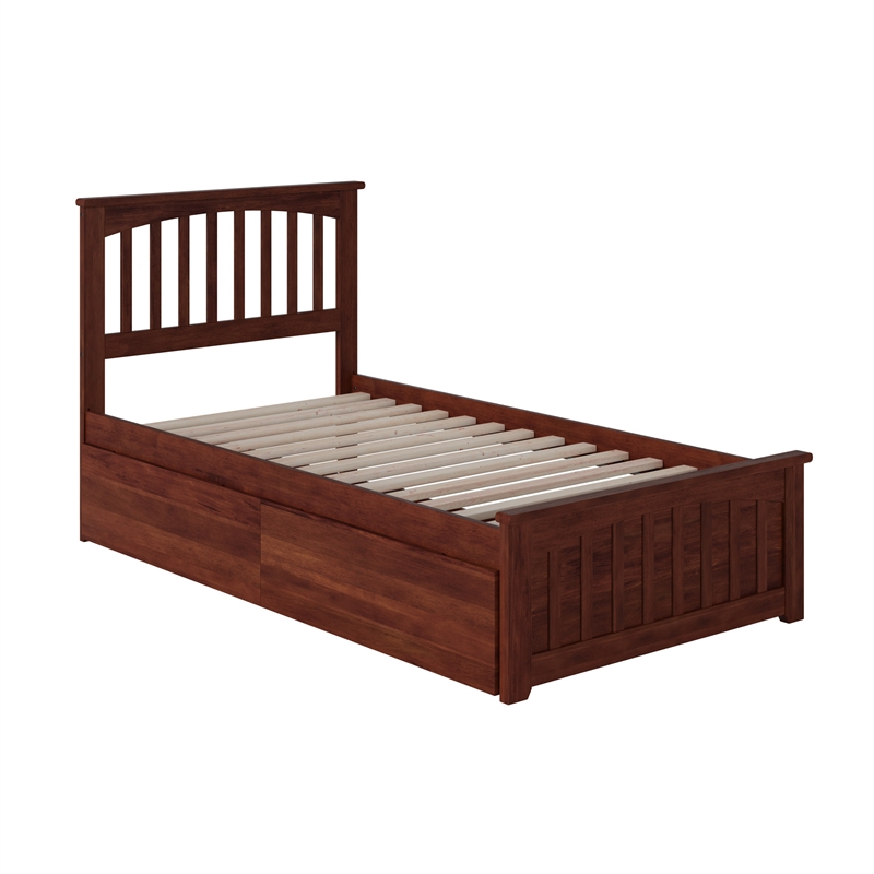 Mission Twin XL Platform Bed with Matching Footboard & Storage Drawers in Walnut