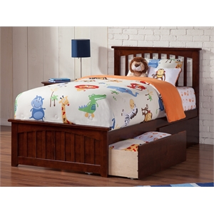 Mission Twin XL Platform Bed with Matching Footboard & Storage Drawers in Walnut