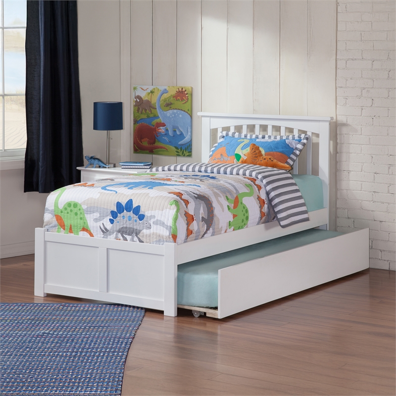 Mission Twin Wood Platform Bed with Footboard and Twin Trundle in White