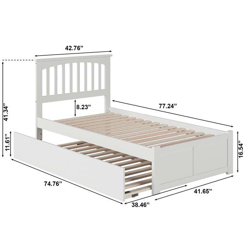 Mission Twin Wood Platform Bed with Footboard and Twin Trundle in White