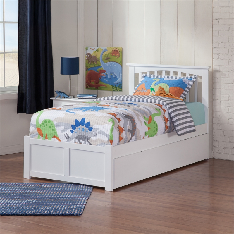 Mission Twin Wood Platform Bed with Footboard and Twin Trundle in White